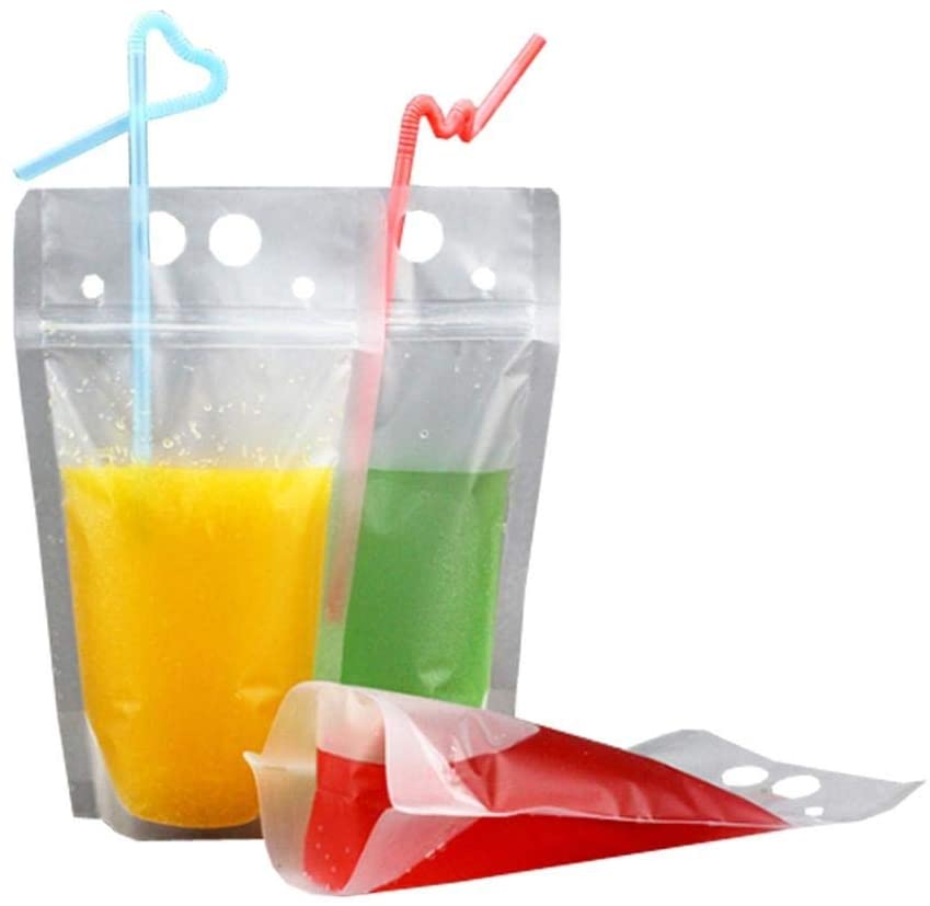 50 Pack Drink Bags Stand up Reclosable Zipper Drinking Pouches Bags Hand-held Drinking Bags with Plastic Straw, 5.1 by 9.1 Inches 8mil